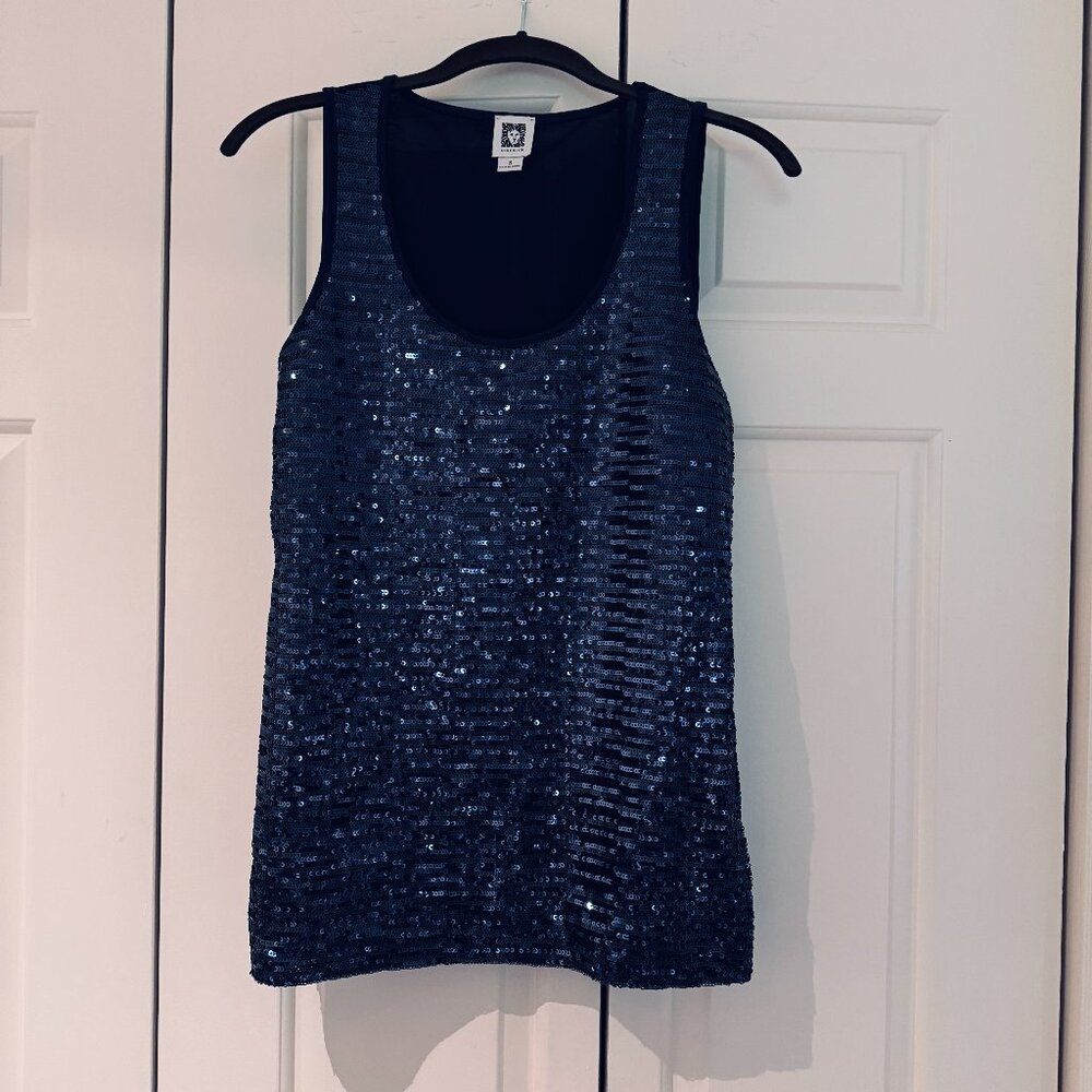 Anne Klein Midnight Navy Sequined Tank Top Sparkle Size Small